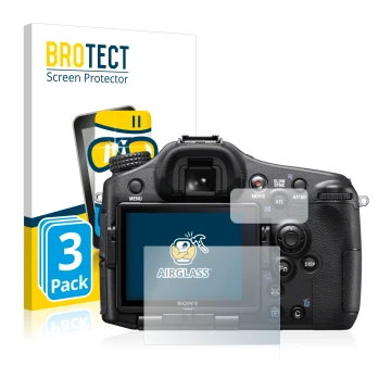 Parte frontale di una confezione del prodotto con il logo del marchio BROTECT. Accanto è raffigurato il dispositivo Sony Alpha