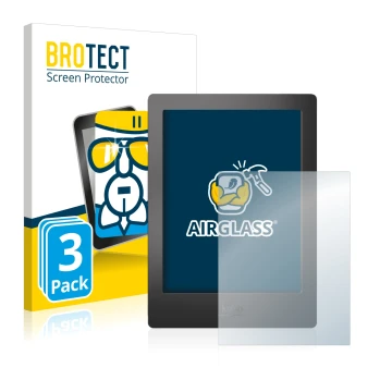 Parte frontale di una confezione del prodotto con il logo del marchio BROTECT. Accanto è raffigurato il dispositivo Kobo Aura 