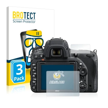 Parte frontale di una confezione del prodotto con il logo del marchio BROTECT. Accanto è raffigurato il dispositivo Nikon D750