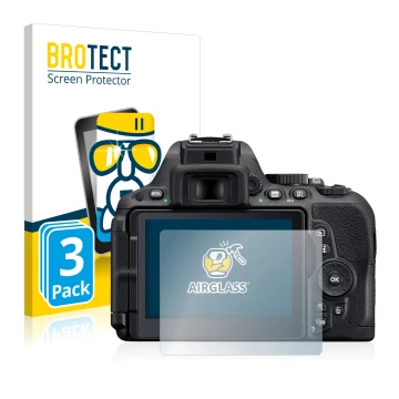 Parte frontale di una confezione del prodotto con il logo del marchio BROTECT. Accanto è raffigurato il dispositivo Nikon D550