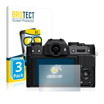 Parte frontale di una confezione del prodotto con il logo del marchio BROTECT. Accanto è raffigurato il dispositivo Fujifilm X