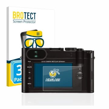 Parte frontale di una confezione del prodotto con il logo del marchio BROTECT. Accanto è raffigurato il dispositivo Leica Q (T