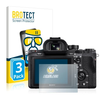 Parte frontale di una confezione del prodotto con il logo del marchio BROTECT. Accanto è raffigurato il dispositivo Sony Alpha
