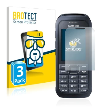 Parte frontale di una confezione del prodotto con il logo del marchio BROTECT. Accanto è raffigurato il dispositivo Samsung Xc
