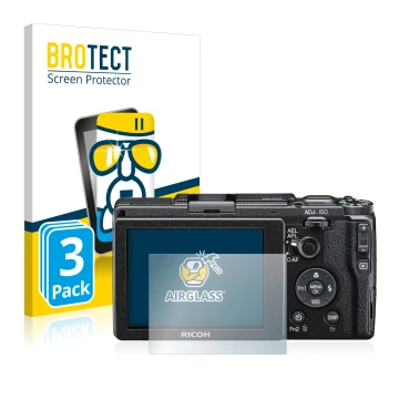 Parte frontale di una confezione del prodotto con il logo del marchio BROTECT. Accanto è raffigurato il dispositivo Ricoh GR I