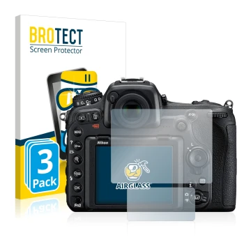 Parte frontale di una confezione del prodotto con il logo del marchio BROTECT. Accanto è raffigurato il dispositivo Nikon D500