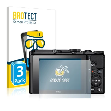 Parte frontale di una confezione del prodotto con il logo del marchio BROTECT. Accanto è raffigurato il dispositivo Nikon Cool