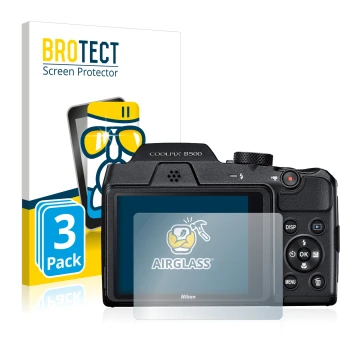 Parte frontale di una confezione del prodotto con il logo del marchio BROTECT. Accanto è raffigurato il dispositivo Nikon Cool