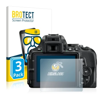 Parte frontale di una confezione del prodotto con il logo del marchio BROTECT. Accanto è raffigurato il dispositivo Nikon D560