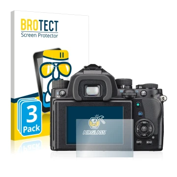 Parte frontale di una confezione del prodotto con il logo del marchio BROTECT. Accanto è raffigurato il dispositivo Pentax KP 