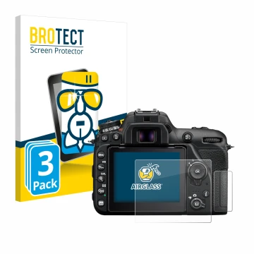 Parte frontale di una confezione del prodotto con il logo del marchio BROTECT. Accanto è raffigurato il dispositivo Nikon D750