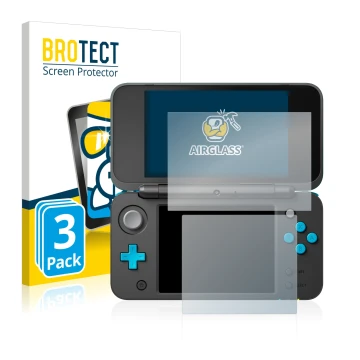 Parte frontale di una confezione del prodotto con il logo del marchio BROTECT. Accanto è raffigurato il dispositivo Nintendo 2