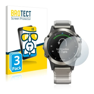 Parte frontale di una confezione del prodotto con il logo del marchio BROTECT. Accanto è raffigurato il dispositivo Garmin qua