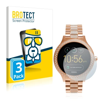 Parte frontale di una confezione del prodotto con il logo del marchio BROTECT. Accanto è raffigurato il dispositivo Fossil Q V