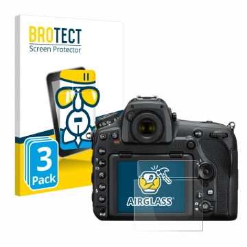 Parte frontale di una confezione del prodotto con il logo del marchio BROTECT. Accanto è raffigurato il dispositivo Nikon D850