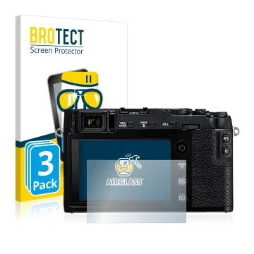 Parte frontale di una confezione del prodotto con il logo del marchio BROTECT. Accanto è raffigurato il dispositivo Fujifilm X