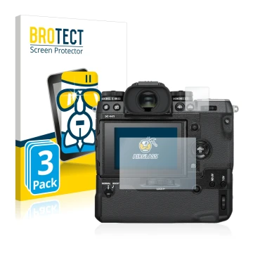 Parte frontale di una confezione del prodotto con il logo del marchio BROTECT. Accanto è raffigurato il dispositivo Fujifilm X