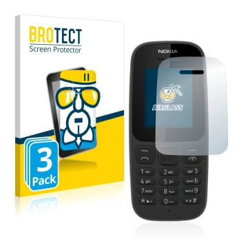 Parte frontale di una confezione del prodotto con il logo del marchio BROTECT. Accanto è raffigurato il dispositivo Nokia 105 