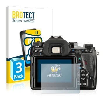Parte frontale di una confezione del prodotto con il logo del marchio BROTECT. Accanto è raffigurato il dispositivo Pentax K-1