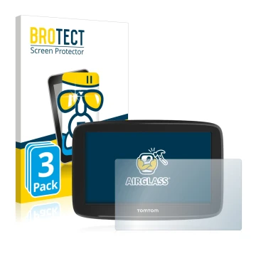 Parte frontale di una confezione del prodotto con il logo del marchio BROTECT. Accanto è raffigurato il dispositivo TomTom GO 