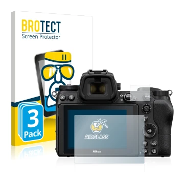 Parte frontale di una confezione del prodotto con il logo del marchio BROTECT. Accanto è raffigurato il dispositivo Nikon Z 7 