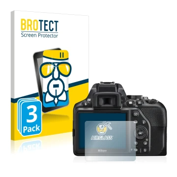 Parte frontale di una confezione del prodotto con il logo del marchio BROTECT. Accanto è raffigurato il dispositivo Nikon D350