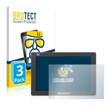 Parte frontale di una confezione del prodotto con il logo del marchio BROTECT. Accanto è raffigurato il dispositivo Feelworld 