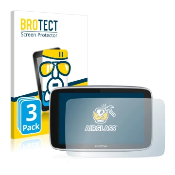 Parte frontale di una confezione del prodotto con il logo del marchio BROTECT. Accanto è raffigurato il dispositivo TomTom GO 