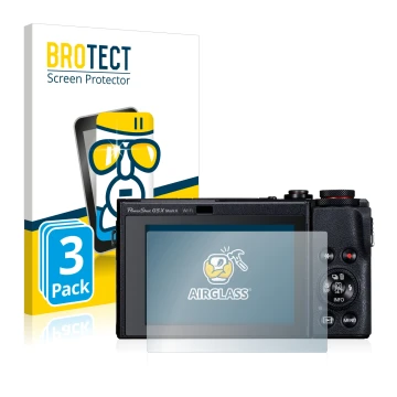 Parte frontale di una confezione del prodotto con il logo del marchio BROTECT. Accanto è raffigurato il dispositivo Canon Powe