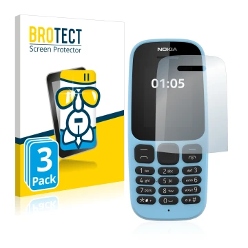 Parte frontale di una confezione del prodotto con il logo del marchio BROTECT. Accanto è raffigurato il dispositivo Nokia 105 