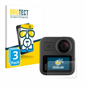 Parte frontale di una confezione del prodotto con il logo del marchio BROTECT. Accanto è raffigurato il dispositivo GoPro Max 