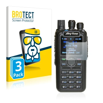 Parte frontale di una confezione del prodotto con il logo del marchio BROTECT. Accanto è raffigurato il dispositivo AnyTone AT