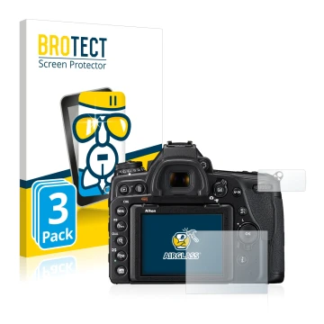 Parte frontale di una confezione del prodotto con il logo del marchio BROTECT. Accanto è raffigurato il dispositivo Nikon D780