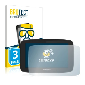 Parte frontale di una confezione del prodotto con il logo del marchio BROTECT. Accanto è raffigurato il dispositivo TomTom Go 