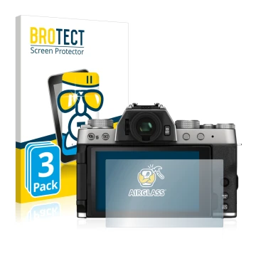 Parte frontale di una confezione del prodotto con il logo del marchio BROTECT. Accanto è raffigurato il dispositivo Fujifilm X