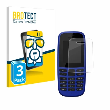 Parte frontale di una confezione del prodotto con il logo del marchio BROTECT. Accanto è raffigurato il dispositivo Nokia 105 