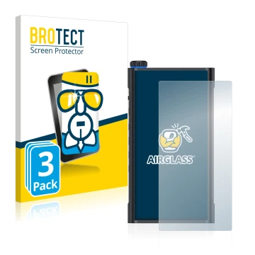 Parte frontale di una confezione del prodotto con il logo del marchio BROTECT. Accanto è raffigurato il dispositivo FiiO M15 c