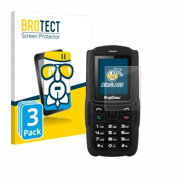 Parte frontale di una confezione del prodotto con il logo del marchio BROTECT. Accanto è raffigurato il dispositivo RugGear RG