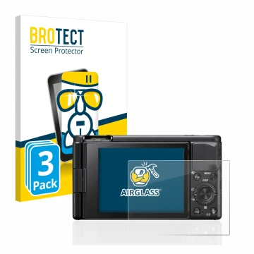 Parte frontale di una confezione del prodotto con il logo del marchio BROTECT. Accanto è raffigurato il dispositivo Sony ZV-1 