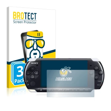 Parte frontale di una confezione del prodotto con il logo del marchio BROTECT. Accanto è raffigurato il dispositivo Sony PSP 3