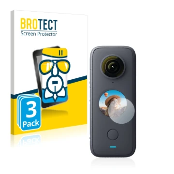 Parte frontale di una confezione del prodotto con il logo del marchio BROTECT. Accanto è raffigurato il dispositivo Insta360 O