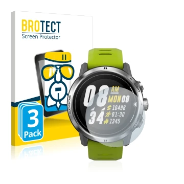 Parte frontale di una confezione del prodotto con il logo del marchio BROTECT. Accanto è raffigurato il dispositivo Coros Apex