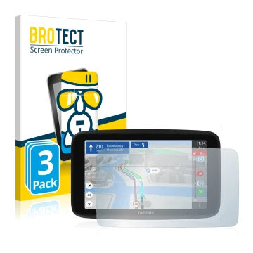 Parte frontale di una confezione del prodotto con il logo del marchio BROTECT. Accanto è raffigurato il dispositivo TomTom GO 