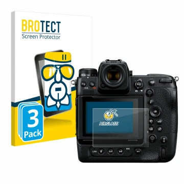 Parte frontale di una confezione del prodotto con il logo del marchio BROTECT. Accanto è raffigurato il dispositivo Nikon Z 9 