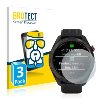 Parte frontale di una confezione del prodotto con il logo del marchio BROTECT. Accanto è raffigurato il dispositivo Garmin App