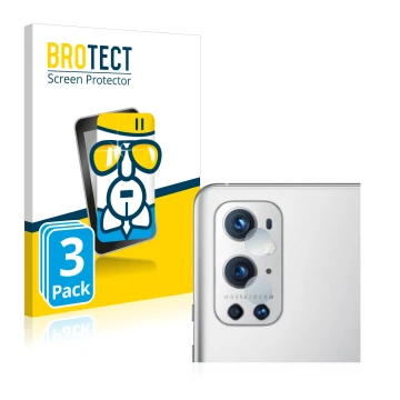 Parte frontale di una confezione del prodotto con il logo del marchio BROTECT. Accanto è raffigurato il dispositivo OnePlus 9 