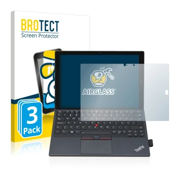 Parte frontale di una confezione del prodotto con il logo del marchio BROTECT. Accanto è raffigurato il dispositivo Lenovo Thi