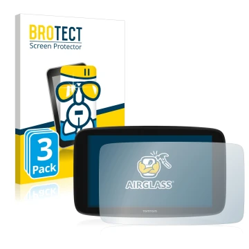 Parte frontale di una confezione del prodotto con il logo del marchio BROTECT. Accanto è raffigurato il dispositivo TomTom Go 