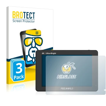 Parte frontale di una confezione del prodotto con il logo del marchio BROTECT. Accanto è raffigurato il dispositivo Feelworld 