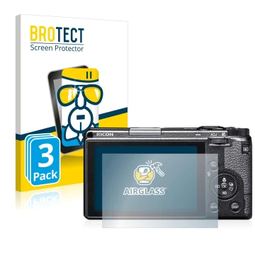 Parte frontale di una confezione del prodotto con il logo del marchio BROTECT. Accanto è raffigurato il dispositivo Ricoh GR I